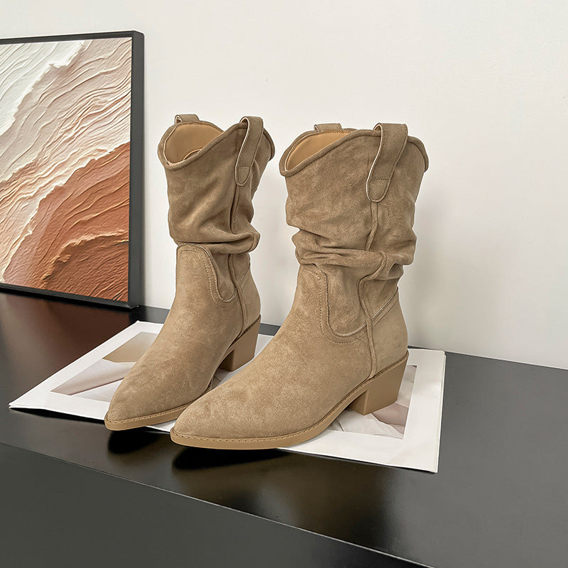 Beatrix | Womens Riding Boots Suede Pointed Toe Chunky Heel Knee High Boots