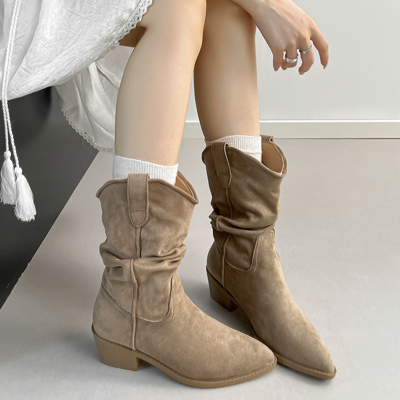 Beatrix | Womens Riding Boots Suede Pointed Toe Chunky Heel Knee High Boots