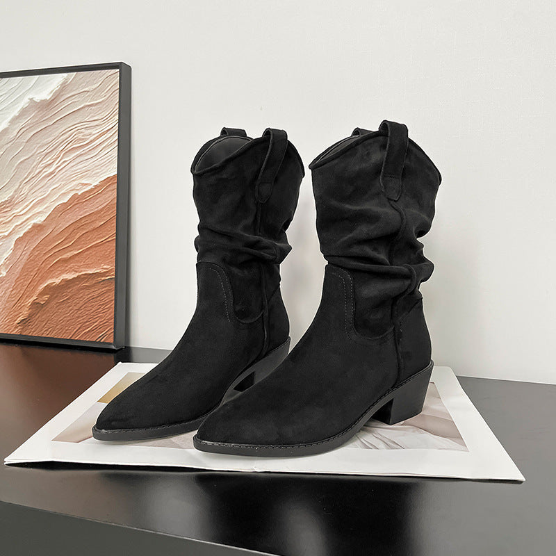 Beatrix | Womens Riding Boots Suede Pointed Toe Chunky Heel Knee High Boots