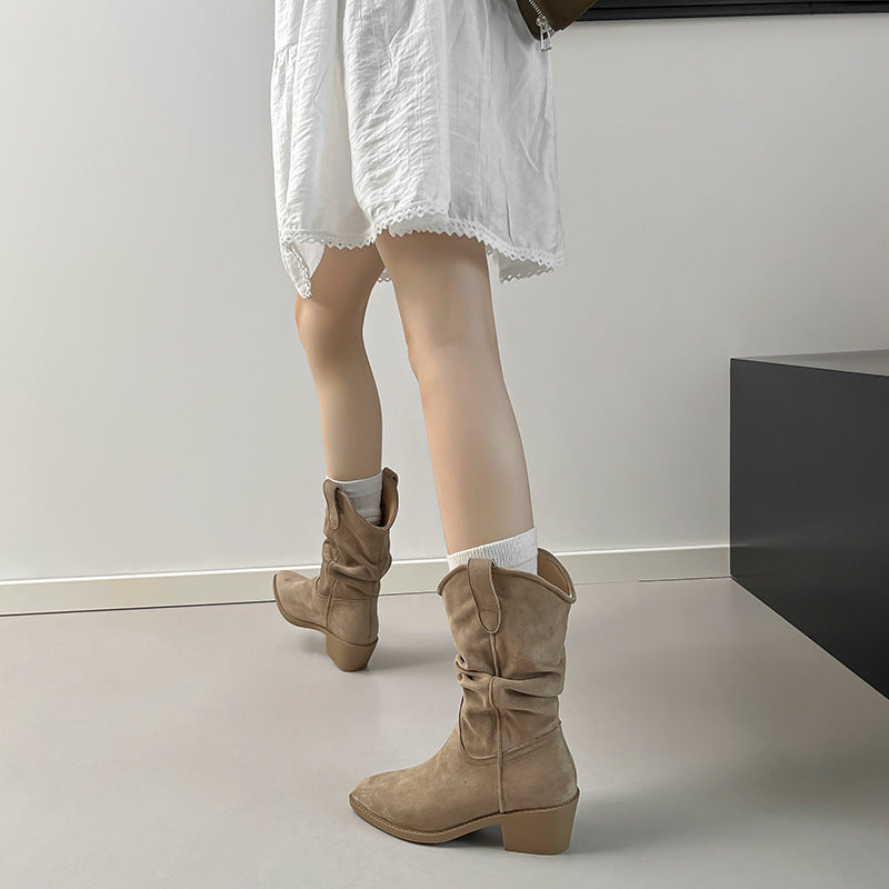 Beatrix | Womens Riding Boots Suede Pointed Toe Chunky Heel Knee High Boots