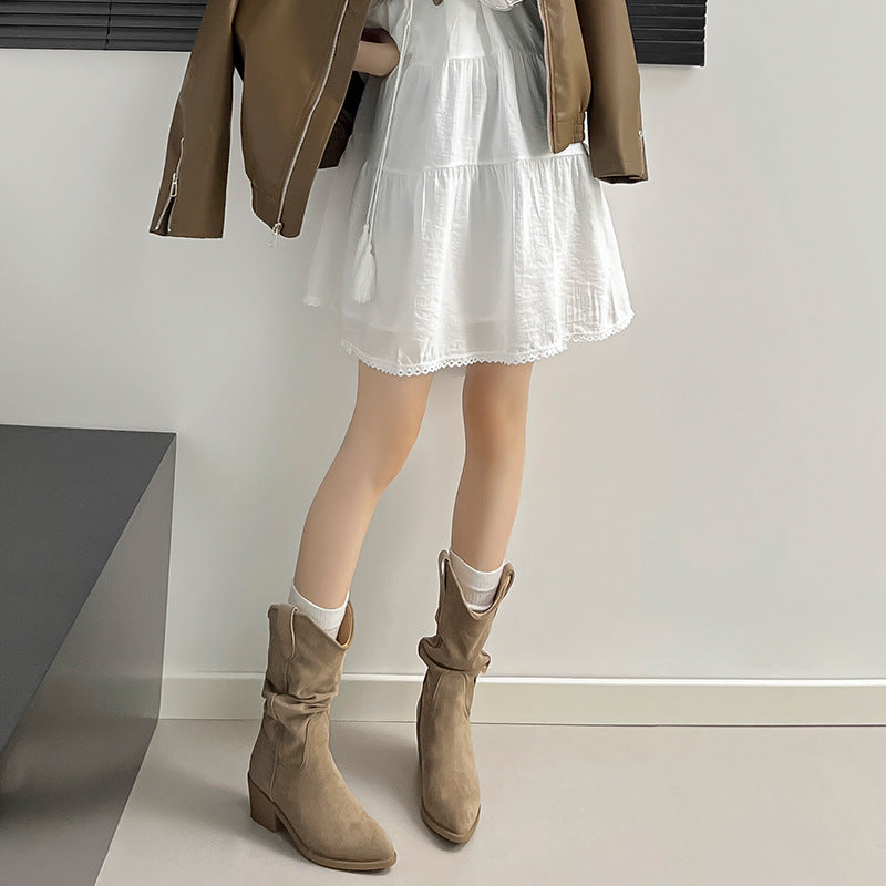 Beatrix | Womens Riding Boots Suede Pointed Toe Chunky Heel Knee High Boots
