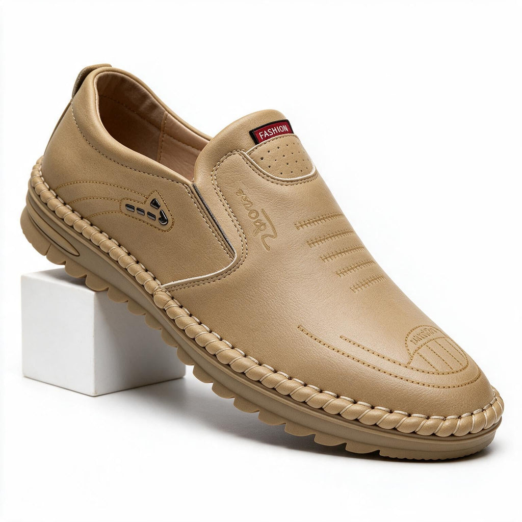 Auberon | Mens Loafers Slip on Leather Casual Driving Shoes Khaki 2 packshot