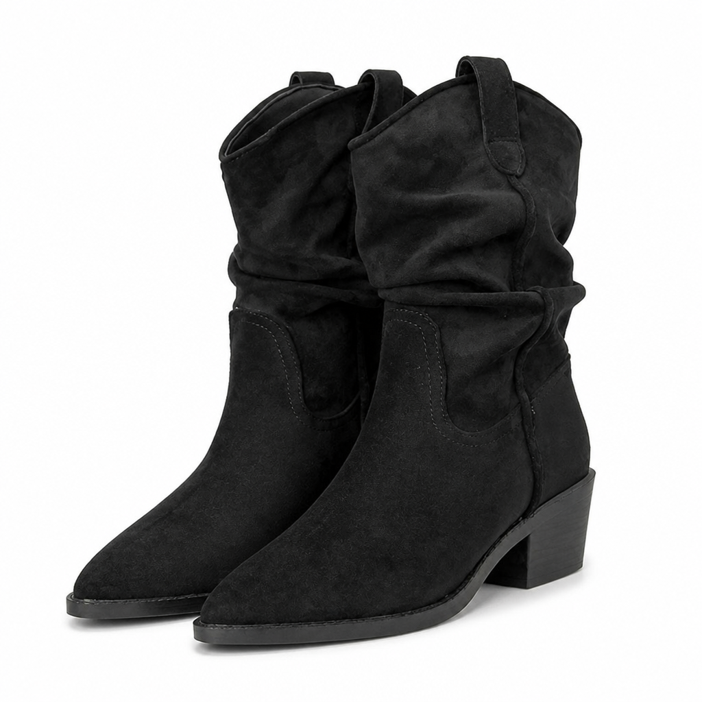 Beatrix | Womens Riding Boots Suede Pointed Toe Chunky Heel Knee High Boots Black packshot